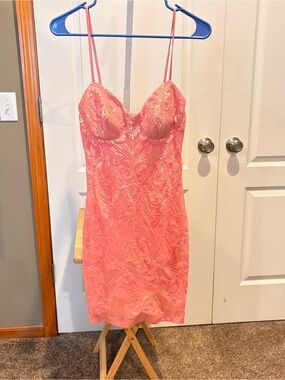 NEXT/UP Coral Sequin Sweetheart Mini Dress Juniors 3/4 Homecoming Party
